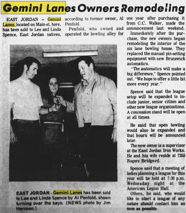 Gemini Lanes (Teen Zone, East Jordan Recreation, The Zone Sports Lounge) - Aug 18 1971 Article (newer photo)